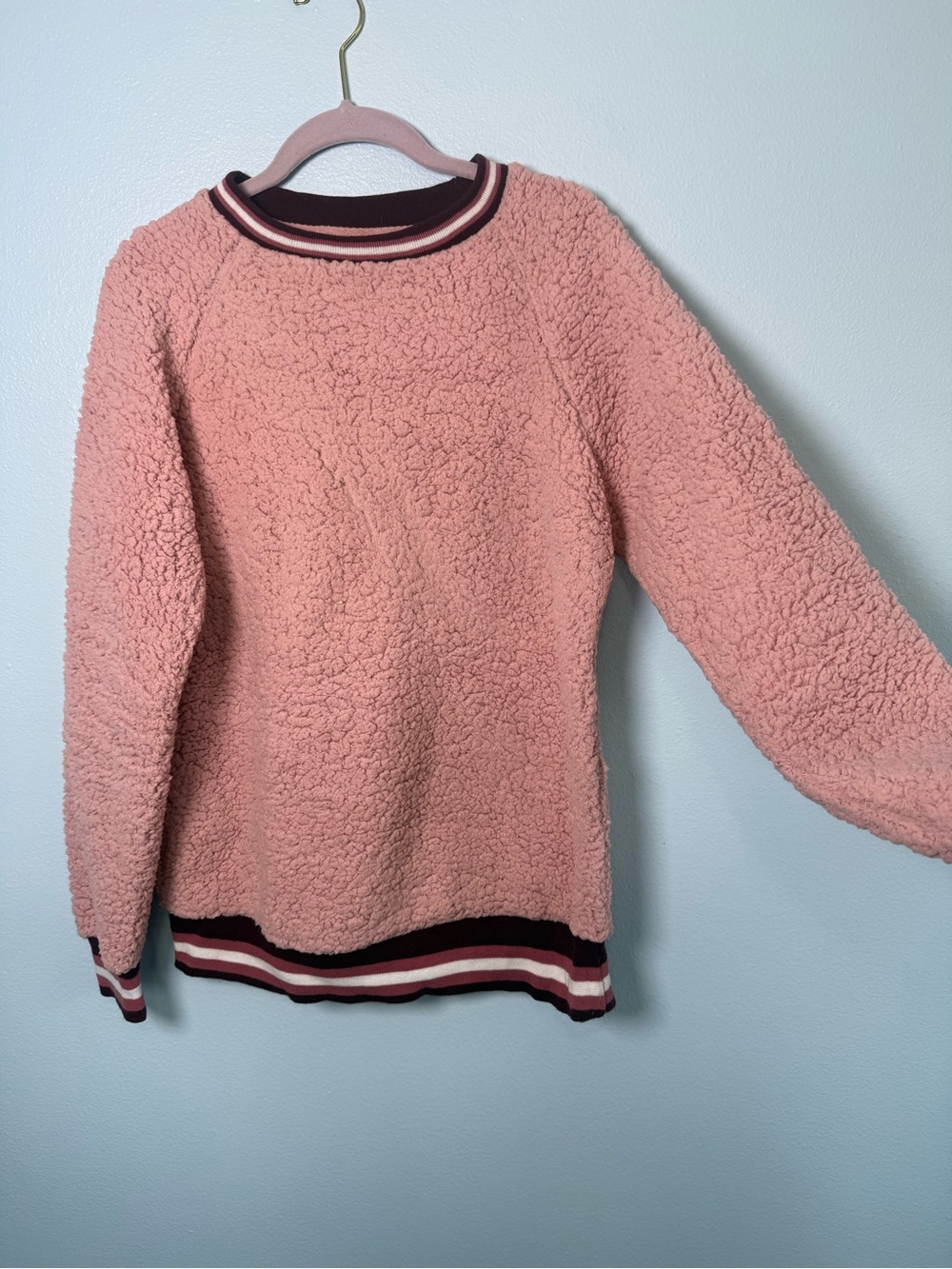 Reflex Pink Sherpa Pullover with Striped Trim